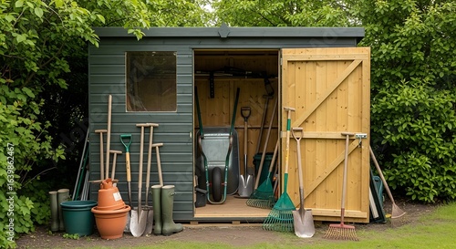 Garden Shed with Tools Rakes and Shovels at the Entrance