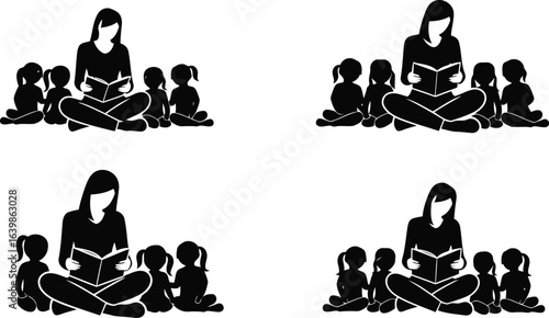 Storytime Teacher Silhouette Icon Vector Set - children's education and learning