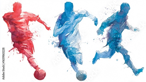 Vibrant Watercolor Design of Red and Blue Soccer Ball