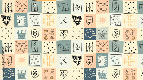 Whimsical patchwork of heraldic symbols and nature icons in a colorful grid arrangement design style