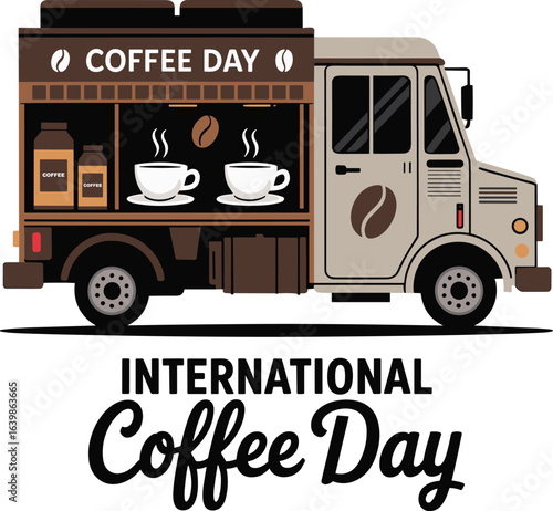 Coffee truck illustration celebrating international coffee day with cups beans and coffee bottles design