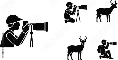Wildlife Photographer Silhouette Icon Vector Set - nature exploration and travel