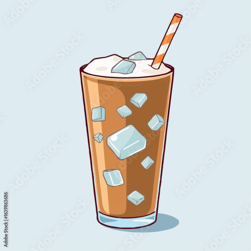 Iced coffee drink with ice cubes and straw on light background  