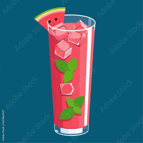 Refreshing watermelon smoothie with mint and ice cubes in glass  