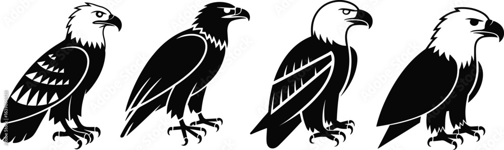 Obraz premium Stylized eagle illustrations in side profile, black and white vector icons, wing patterns, bold angular shapes, artistic bird design elements