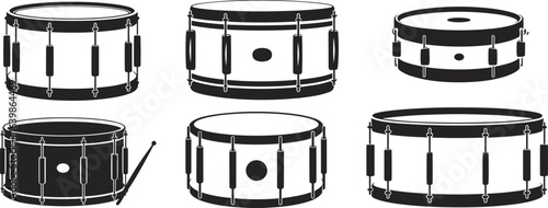 Drum illustrations in black and white, various cylindrical shapes, musical instrument icons, tension rods, drumsticks, percussion vector design elements