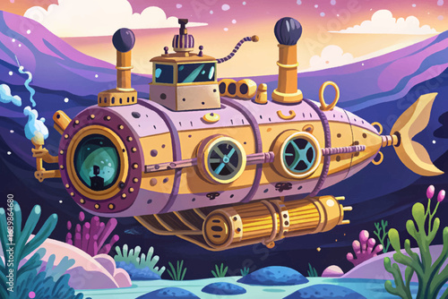 Steampunk submarine with brass pipes, gears, and ornate detailing explores deep ocean trenches, fantasy adventure art, retrofuturistic marine design, and imaginative underwater exploration