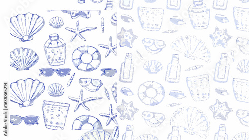 Watercolor summer beach elements seamless pattern featuring seashells and sunglasses and starfish design style silhouette