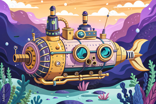 Steampunk submarine with brass pipes, gears, and ornate detailing explores deep ocean trenches, fantasy adventure art, retrofuturistic marine design, and imaginative underwater exploration