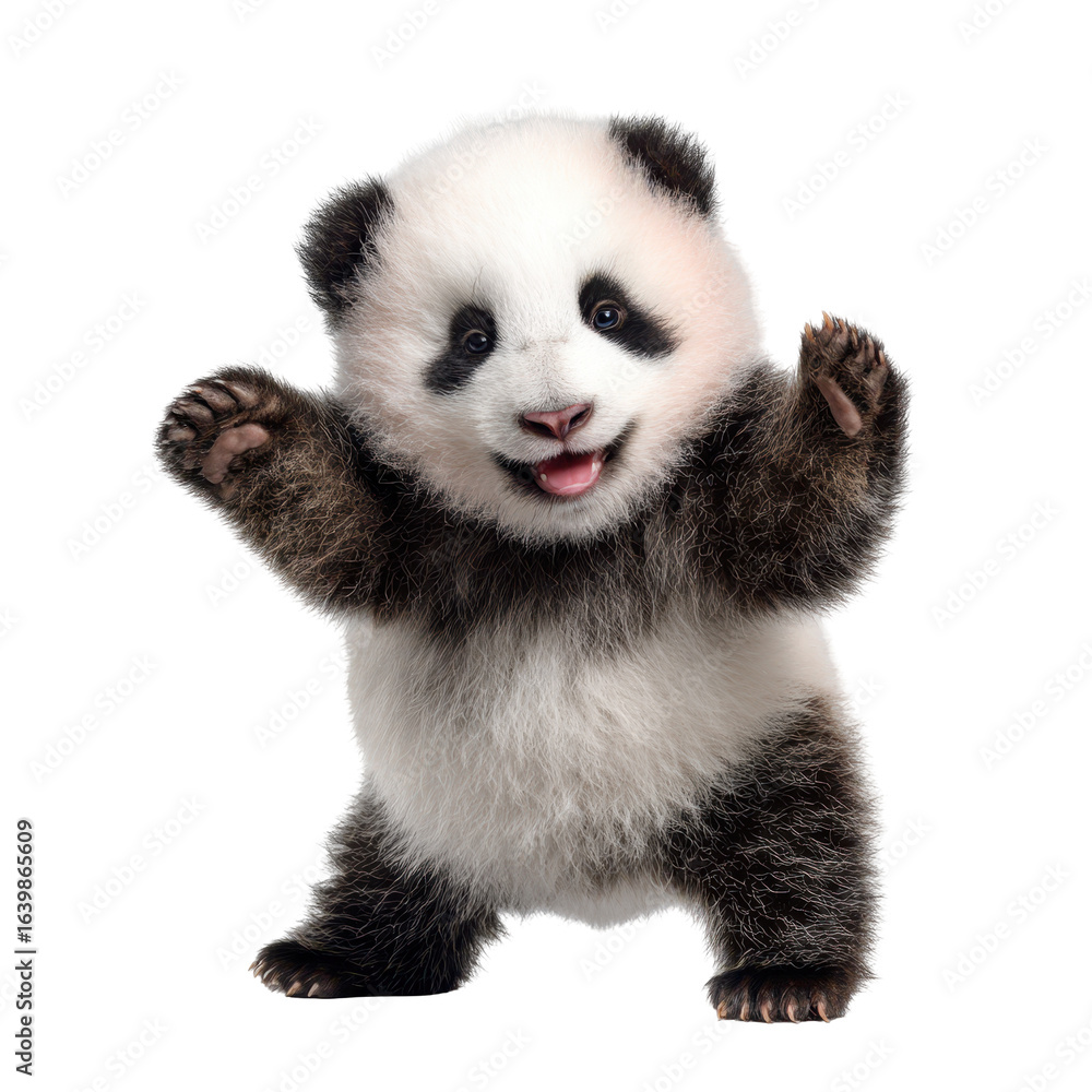 Obraz premium Cute panda cub playfully standing on its hind legs in a studio setting during daytime