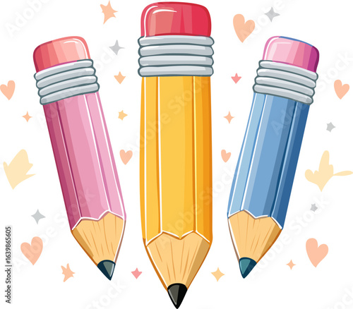 Colorful pencils with heart-shaped background. Cute pencils in pink, yellow, and blue colors. Vibrant pencils with soft pastel tones and hearts. Artistic pencils with a playful, colorful design