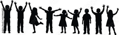 Happy children silhouettes, boys and girls playing, kids with raised arms, joyful childhood moments, active youth, black outline vector illustration, fun and energy concept
