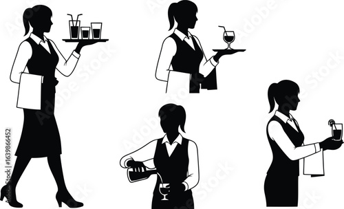 Drinks Waitress Silhouette Icon Vector Set - restaurant service and hospitality