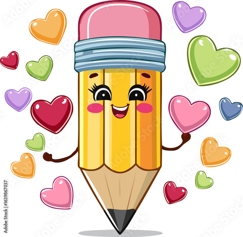 Cute pencil with hearts, cheerful and fun design. Happy pencil holding love hearts, playful. Adorable pencil character with colorful love hearts. Cute and cheerful pencil with hearts floating around