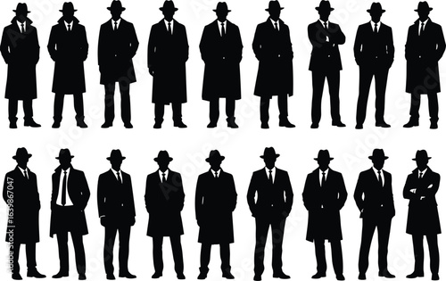 Mysterious men silhouettes, detective style, trench coat and fedora, secret agent poses, noir crime theme, classic film look, black outline vector illustration, spy concept