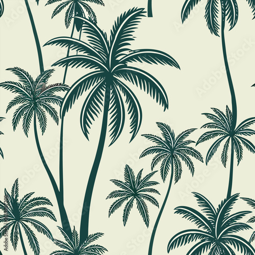 Repeating pattern of dark green palm trees and fronds on a light cream background tropical nature