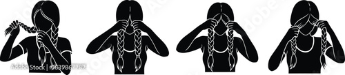 Hair Braiding Silhouette Icon Vector Set - creative styling and beauty