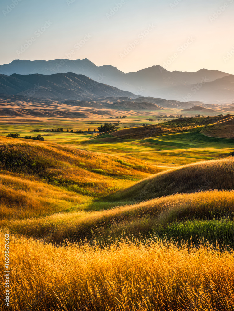 Fototapeta premium Breathtaking view of rolling hills and distant mountains during golden hour