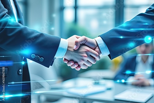 Business partners handshake agreement success blue light image