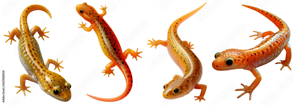 Obraz premium Four Eastern Newts in various poses against a white background, showcasing their orange and yellow coloration.