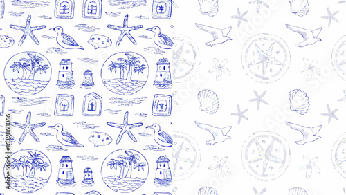 Illustration of a nautical themed pattern with starfishes, shells, seagulls, and palm tree island scenes silhouette
