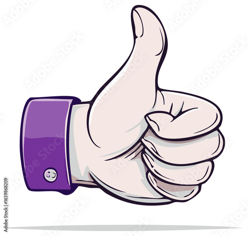 Hand giving a thumbs up gesture, cartoon style illustration with a purple sleeve against white background showing encouragement and agreement