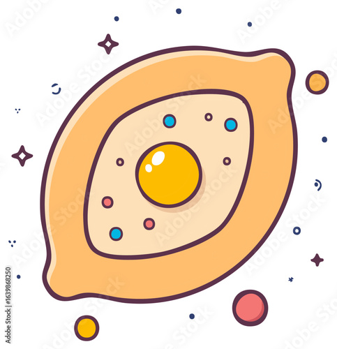 Whimsical Flat Icon of Traditional Boat-Shaped Bread with Egg Yolk, cheese and Various Celestial Planets