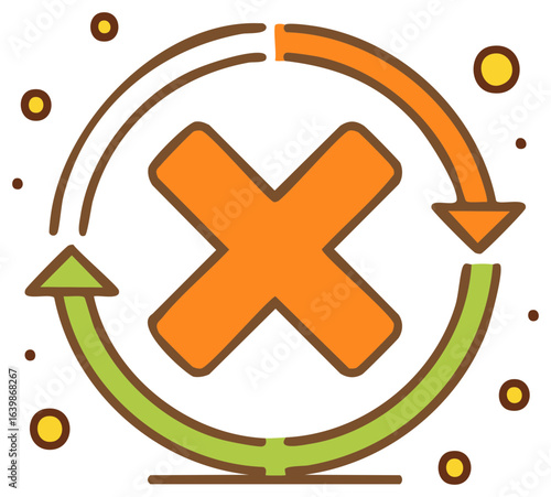 Circular arrows with a large orange cross signifying a problem or error in a process