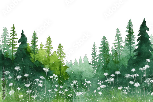 Forest scene, watercolor style, green trees, white flowers