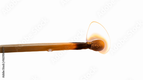 A single wooden matchstick burning with a bright flame isolated on a clean white background.