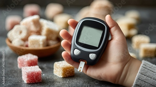 Child's hand holding a blood glucose meter with colorful sugar cubes in the background, emphasizing the importance of diabetes management and healthy nutrition for children