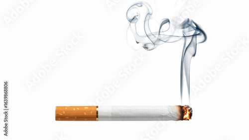 A lit cigarette with swirling smoke isolated on a white background, a concept for addiction.