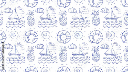 Seamless pattern featuring sailboats pineapples life preservers and suns in a watercolor style design silhouette