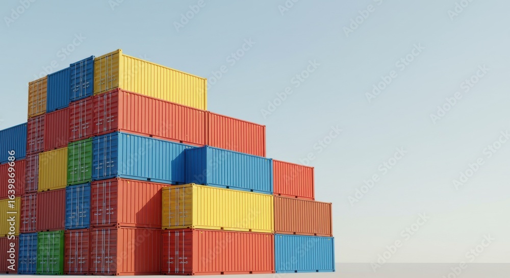 A colorful pyramid-like stack of shipping containers in a port or storage yard against a blank sky A colorful pyramid-like stack of shipping containers in a port or storage yard against a blank sky