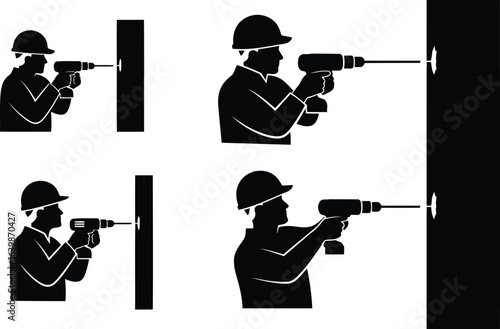 Drilling Worker Silhouette Icon Vector Set - construction and renovation