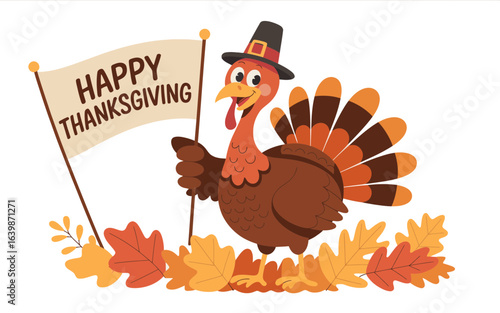Happy Thanksgiving turkey with flag and autumn leaves vector