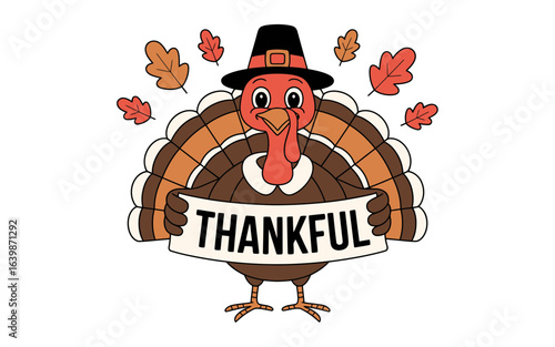 Cartoon turkey holding thankful banner with autumn leaves vector
