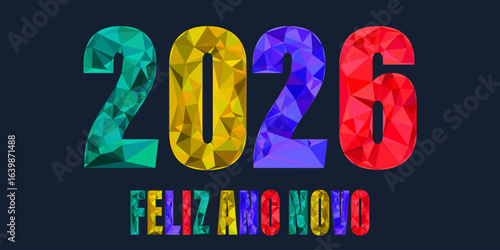 cartão ou banner para desejar um feliz ano novo 2026 em várias cores com efeito diamante sobre fundo preto