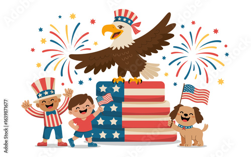 Patriotic celebration with eagle children and dog american flag