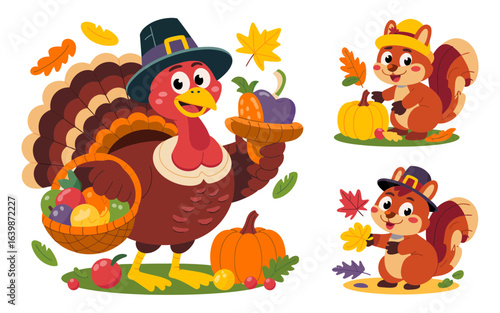 Thanksgiving turkey and squirrels with autumn harvest fall