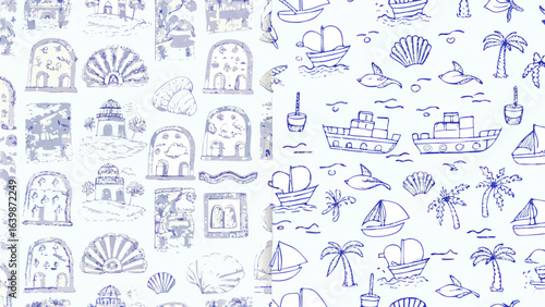 Hand drawn pattern featuring coastal elements such as boats, shells, and buildings in blue ink style silhouette