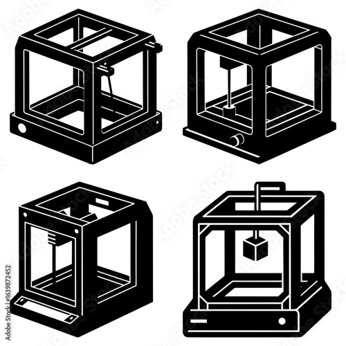 Four isometric illustrations of different types of three d printers in black and white outline style