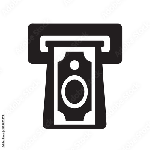 Black and white icon of money being dispensed from an atm machine