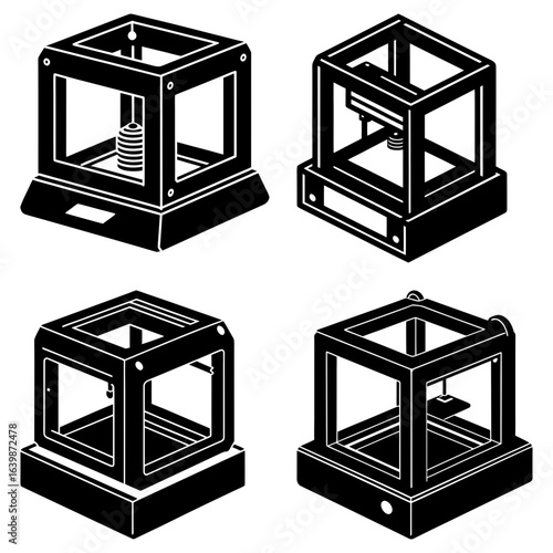 Four isometric black and white illustrations of different variations of a three d printer machine