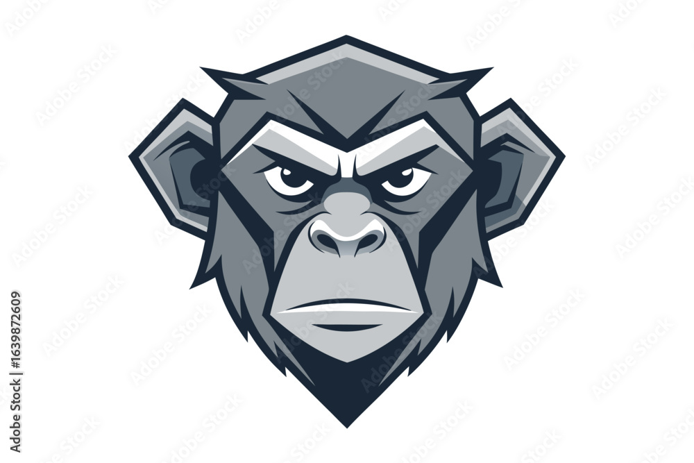 Fototapeta premium Front Facing Gray Ape Head with Sharp Edges and Intense Expression on White