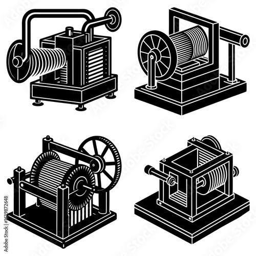 Isometric illustrations showcasing four distinct mechanical winch designs in black and white