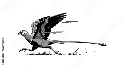 Ancient avian dinosaur with long tail and feathers running through grass