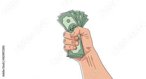 Close up of a hand holding a fan of money with a white background symbolizing financial success wealth and prosperity