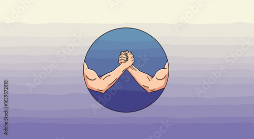 Two muscular arms engaged in a friendly competitive arm wrestling bout inside a circular emblem set against a gradient background