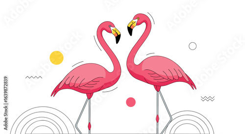 Two elegant pink flamingos form a heart shape with their necks creating a symbol of love and romance